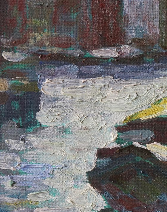 Original Oil Painting Wall Art Signed unframed Hand Made Jixiang Dong Canvas 25cm × 20cm Boats on the River in Amsterdam Netherlands Small Impressionism Impasto