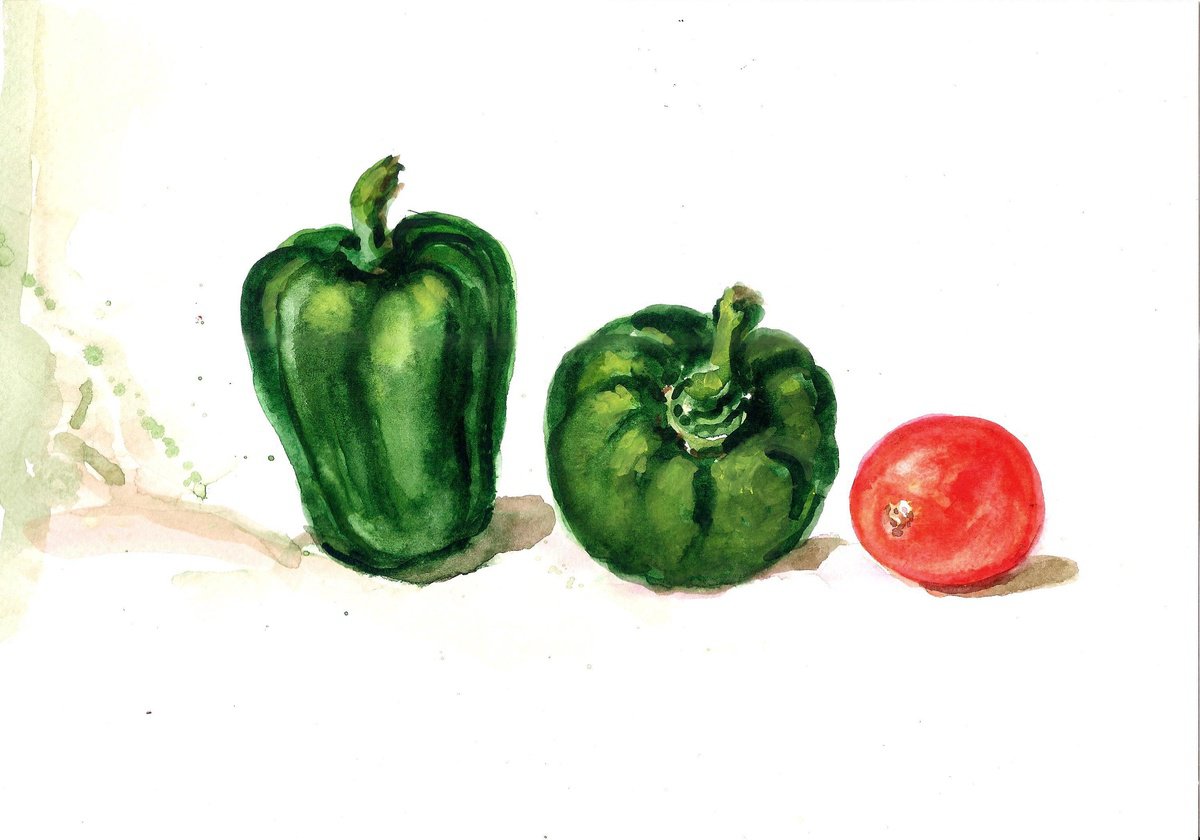 Still life with bell peppers and tomato 1 by Asha Shenoy
