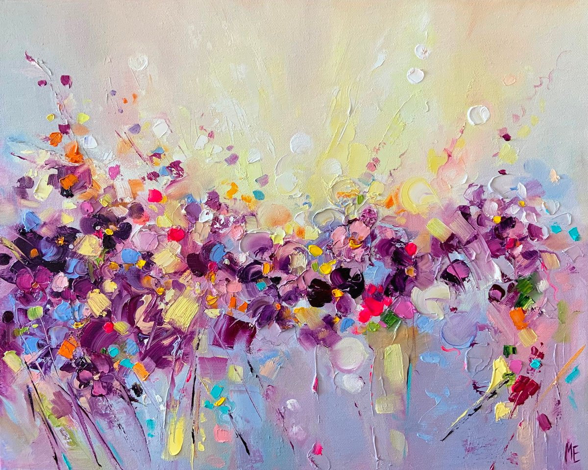 Impressionistic Abstract Oil Painting By Olena Hontar, 20 X 16", Flower Field At Dawn, Original Artwork