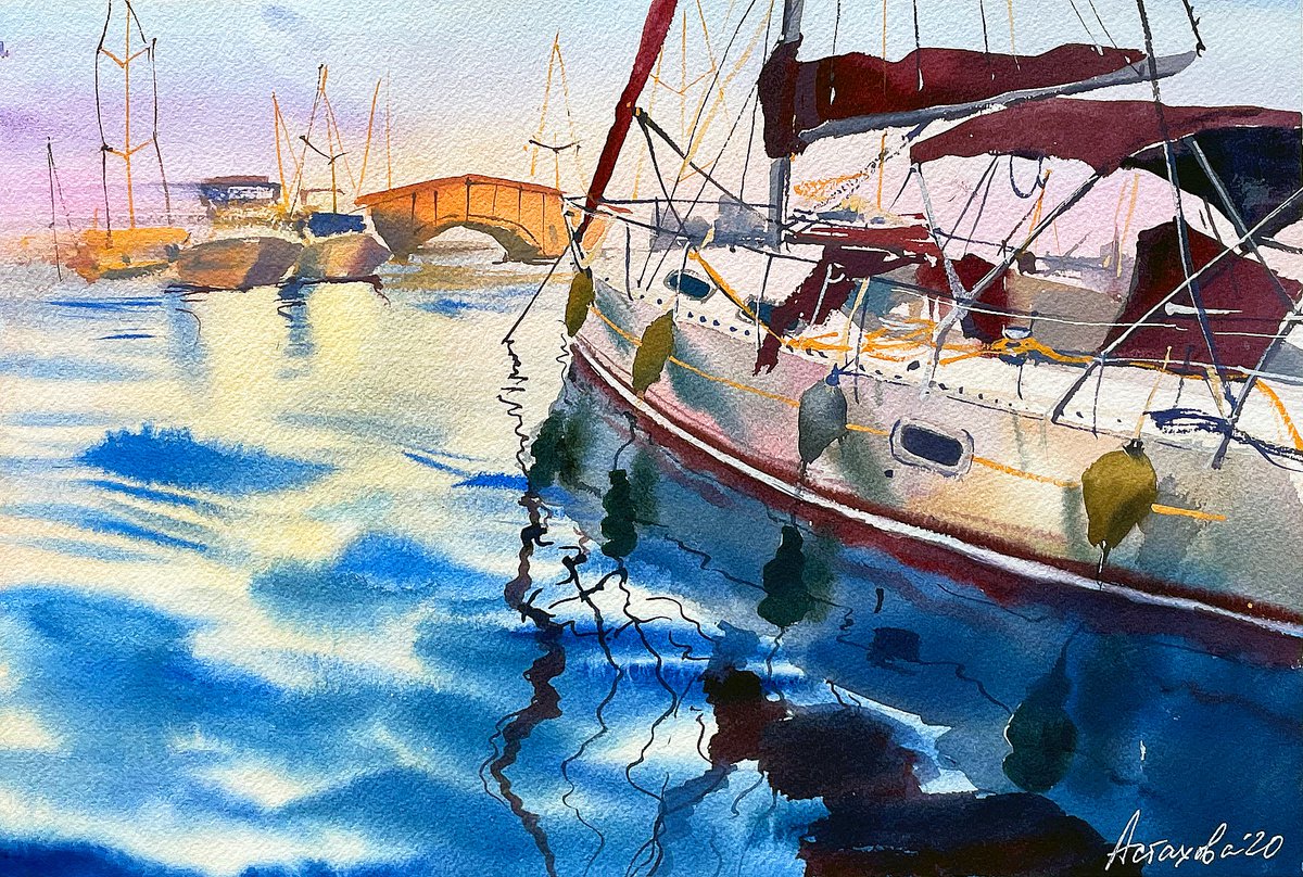 Impressionistic Landscape Watercolour By Ksenia Astakhova, 15 X 10", Sunset In Limassol Marina, Original Artwork