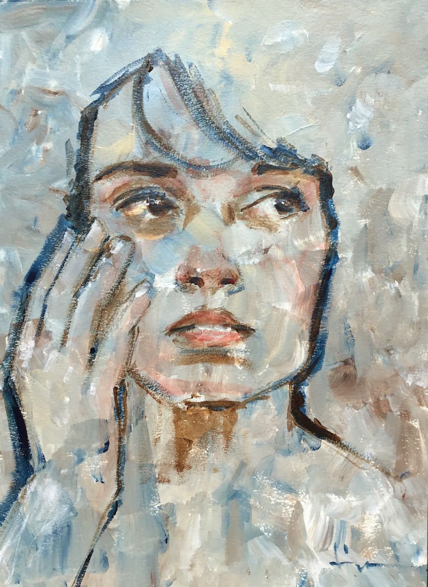 Expressive Portrait Acrylic Painting By Dominique Deve, 12 X 16, Clouds, Original Artwork