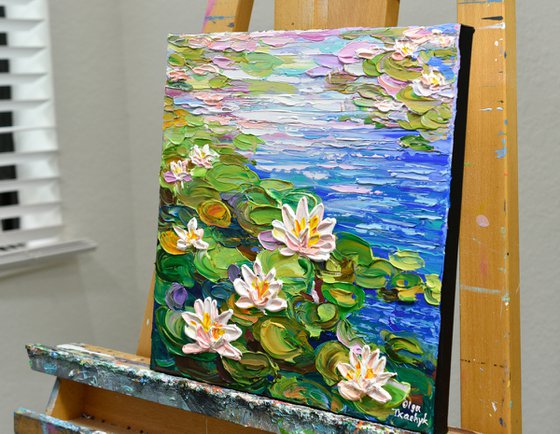 Water Lilies Pond II - Impasto Floral Art, Palette Knife Painting