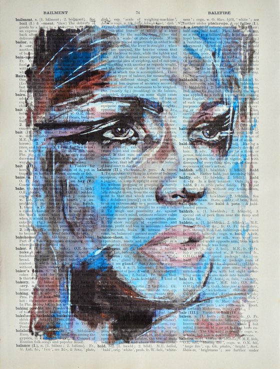 Blue Face - Collage Art on Large Real English Dictionary Vintage Book Page