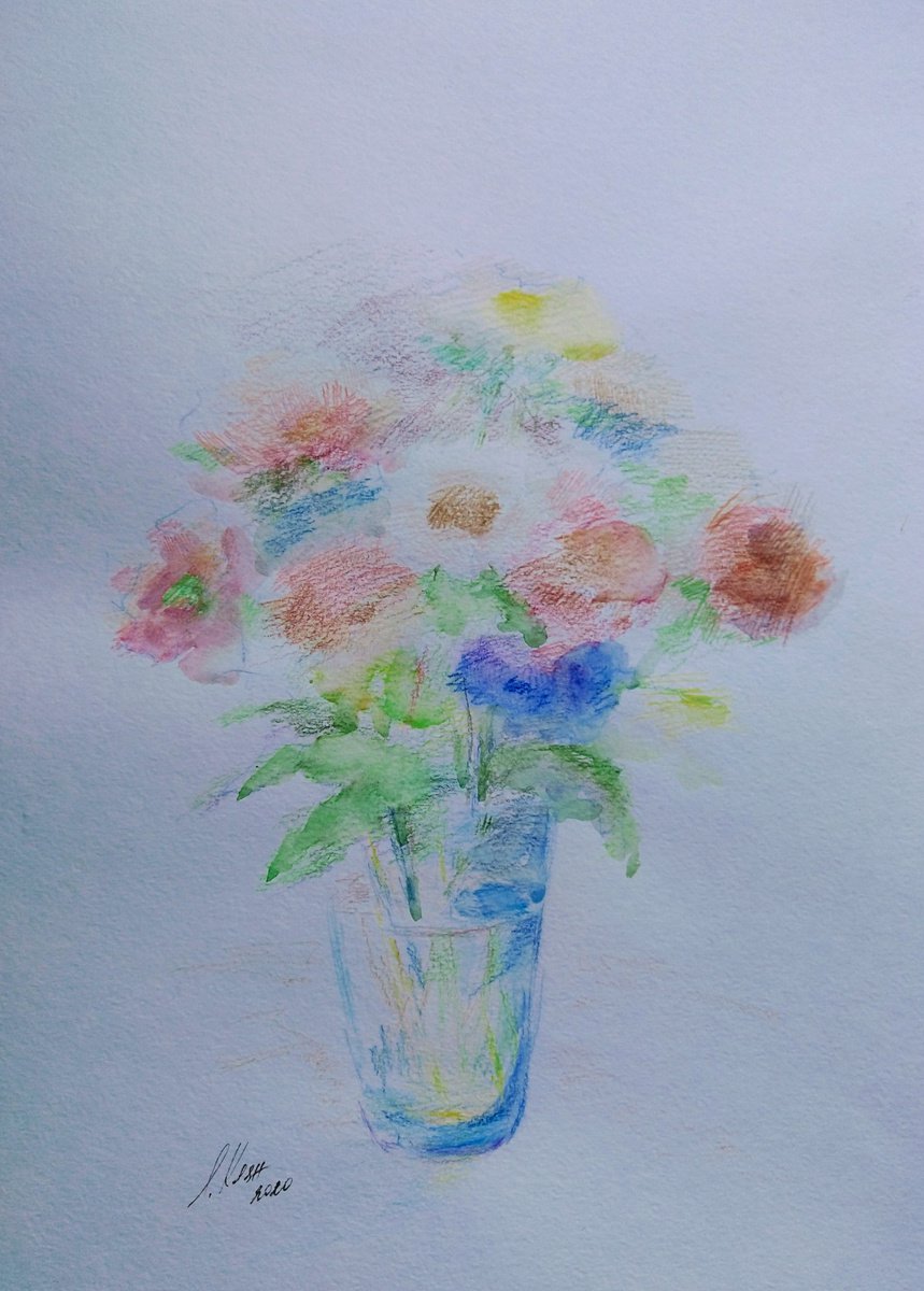 Impressionistic Still Life Drawing By Elena Klyan, 11 X 16, Bouquet Of Anemones, Original Artwork