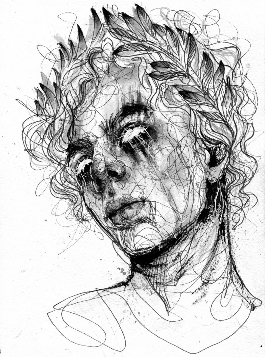 Expressive Portrait Ink Drawing By Doriana Popa, 7 X 9, Ancient, Original Artwork