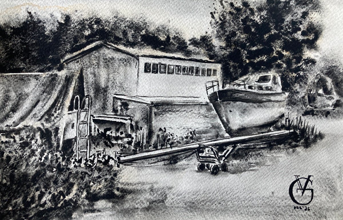 Impressionistic Landscape Watercolour By Valeria Golovenkina, 10 X 7", Boats On The Grass 10, Original Artwork