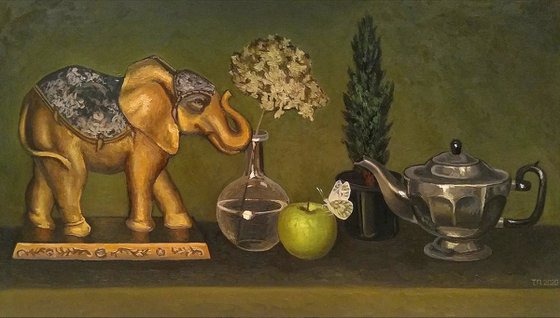 Still life with an Indian elephant and a butterfly