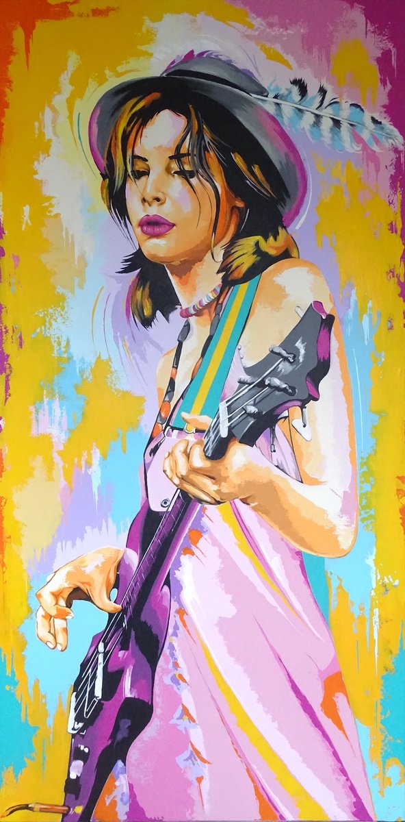 Urban And Pop Portrait Acrylic Painting By Livien Rozen, 24 X 47", Girl With Guitar, Original Artwork