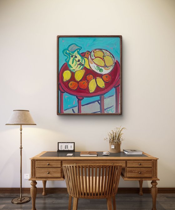 Still Life with Citrus and Red Table II