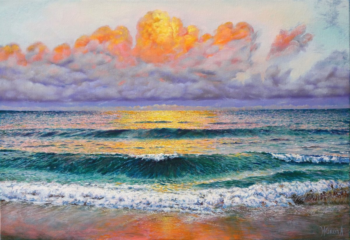 Expressive Landscape Oil Painting By Anastasia Woron, 22 X 15, Marine Sunset., Original Artwork