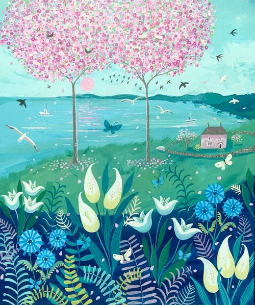 Spring flowers with Blossom Trees- landscape art by Mary Stubberfield