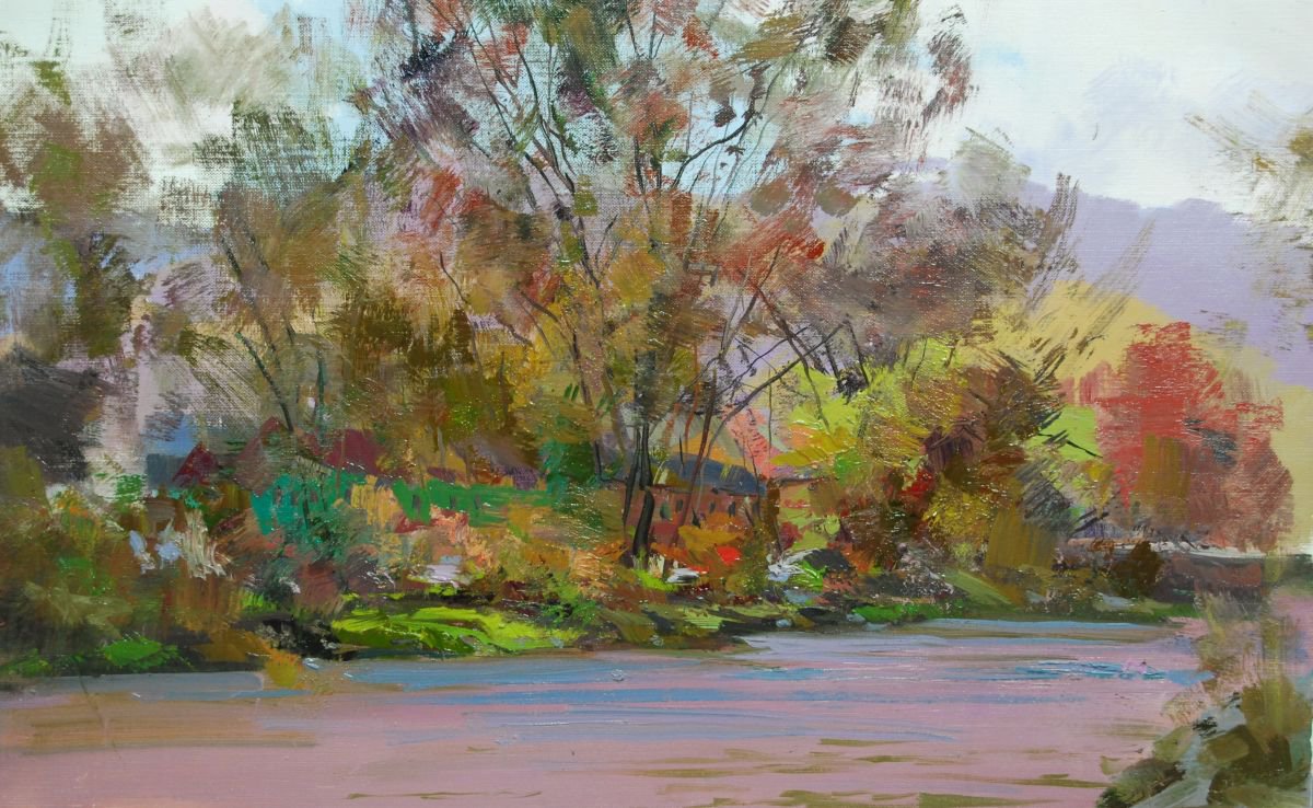 Oil Landscape Painting Tysa River ( 436l15 ) by Yuri Pysar