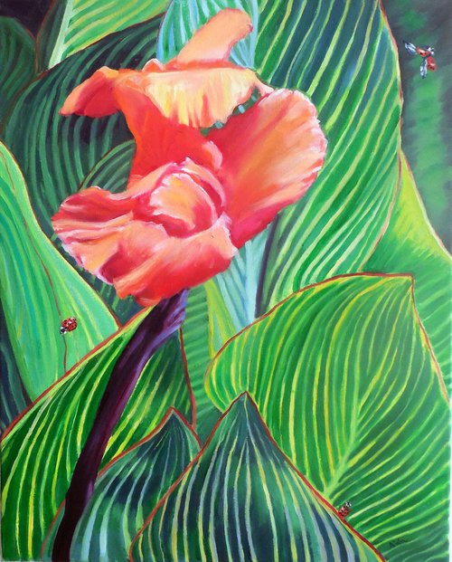 Canna Lily with Three Ladybugs by Aida Markiw