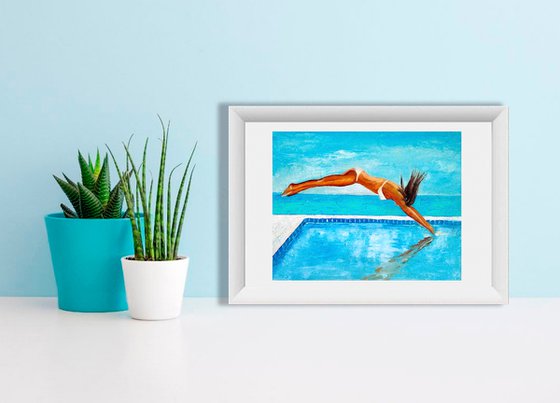 The moment, Pool Painting Original Art Women Figure Painting Swimming Wall Art Sport Artwork