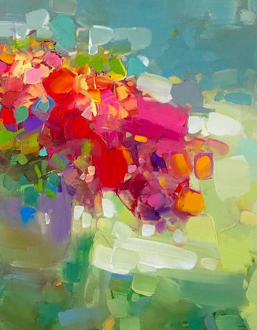 Flowers, oil painting, One of a kind, Signed, Handmade artwork by Vahe Yeremyan