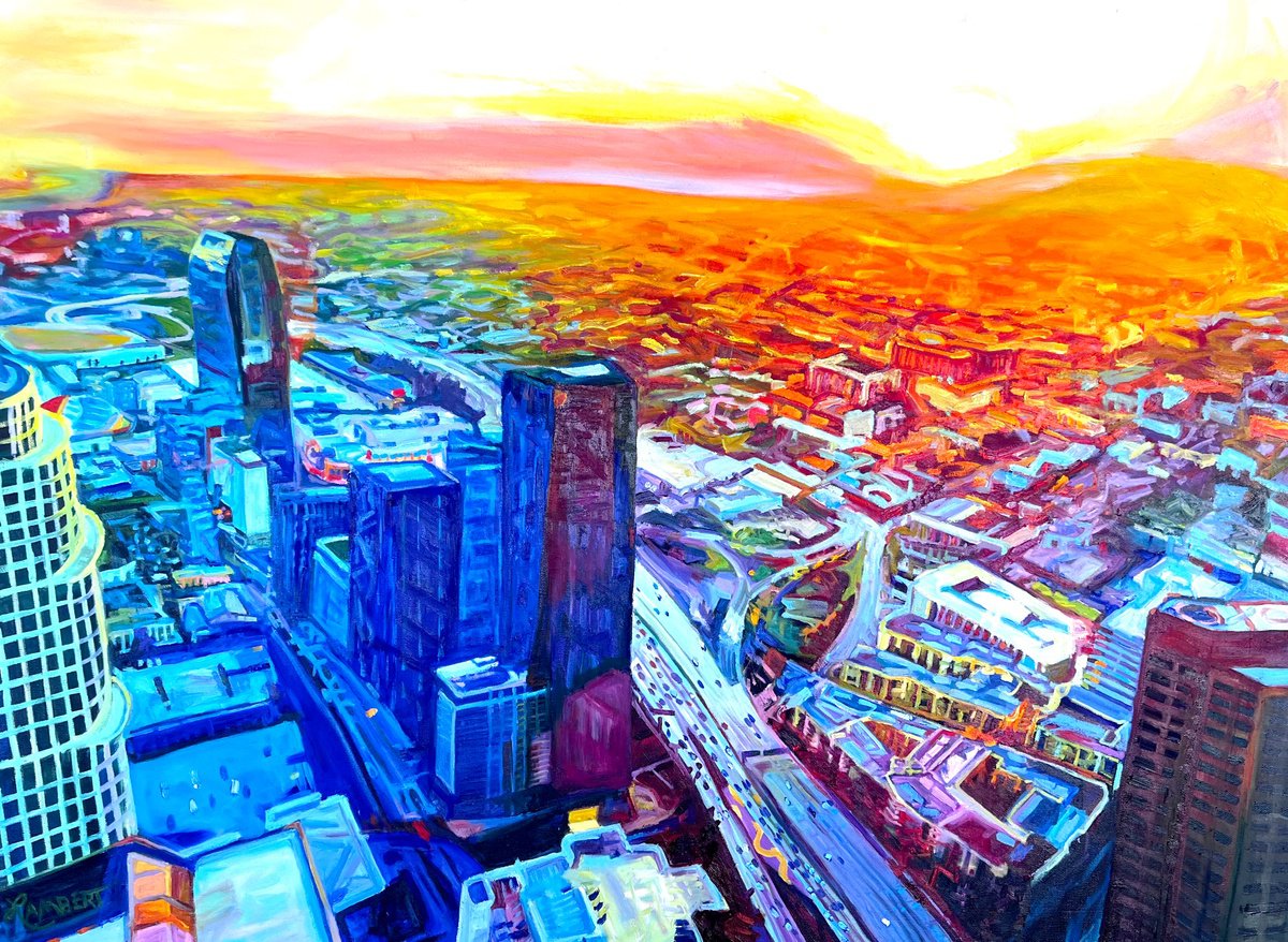 Expressive Cityscapes Oil Painting By Bonnie Lambert, 40 X 30, Top Of The World 2, Original Artwork
