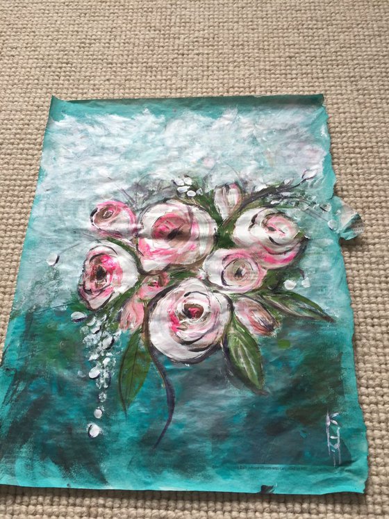 Pink Roses II Acrylic on Newspaper Nature Art Flower Painting of Colour Floral Art Still Life 37x29cm Gift Ideas Original Art Modern Art Contemporary Painting Abstract Art For Sale Buy Original Art Free Shipping