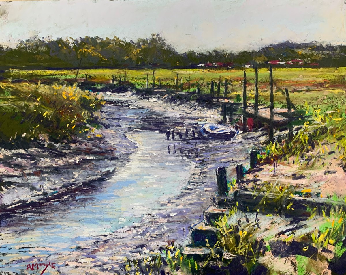 Impressionistic Landscape Pastel Drawing By Andrew Moodie, 16 X 12, Thornham Marshes Waters, Original Artwork