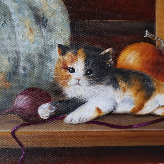 Pumpkin and Kitten Still Life