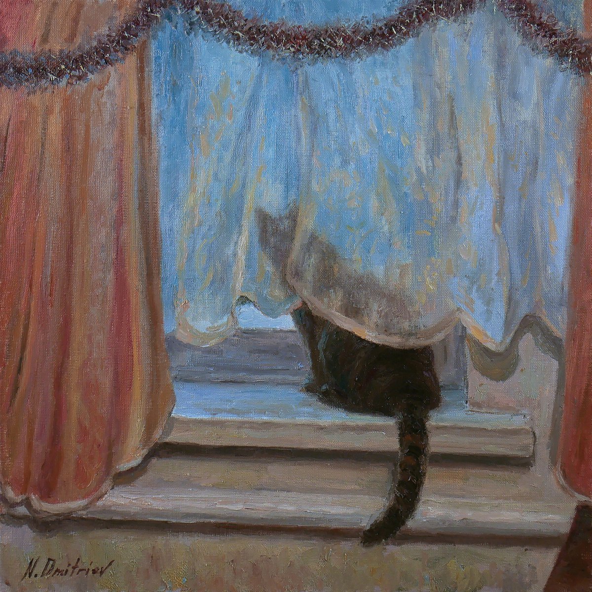 Cat Waiting For Christmas - original oil painting - gift, wall art, interior art, interior design, stylish art, impressionist, present, cat, animal, pet