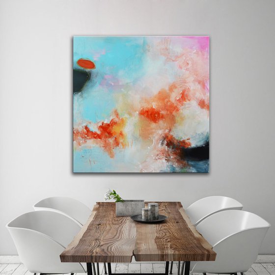Floating Orange on Lollipop Sky - blue and pink square painting