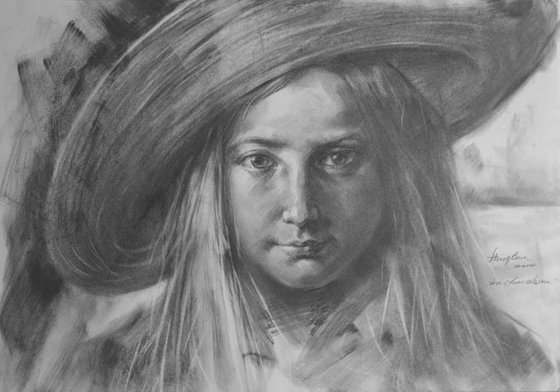 original art drawing charcoal portrait of beautiful girl  on paper #16-4-13-06