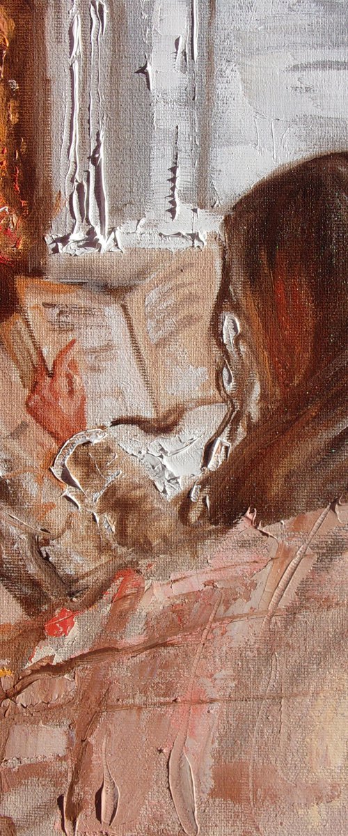 " LAST DAY OF SUMMER " for I. book lover original painting window WINTER palette knife GIFT brown by Monika Luniak