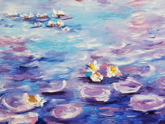 Water Lilies  (81x 66 cm ) inspired by Claude Monet  sunrise in a garden in purple, turquoise, blue sky