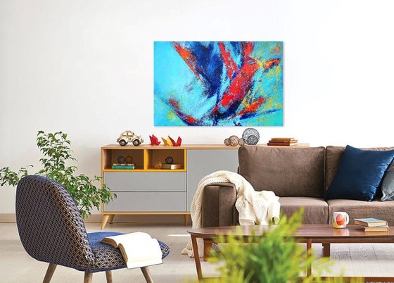 Large Abstract Blue Teal Red Landscape Painting. Modern Textured Art. Abstract. 61x91cm.