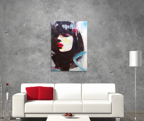 "Red lips" Portrait of a beautiful lady - New Contemporary Pop Art , mixed media