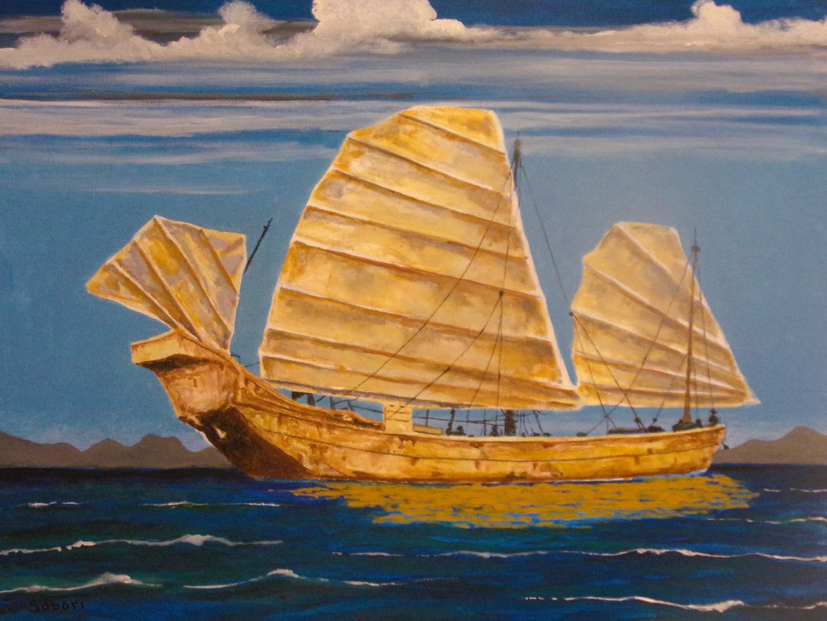 Landscape Acrylic Painting By Andrew Sabori, 24 X 18, Old Chinese Junk, Original Artwork