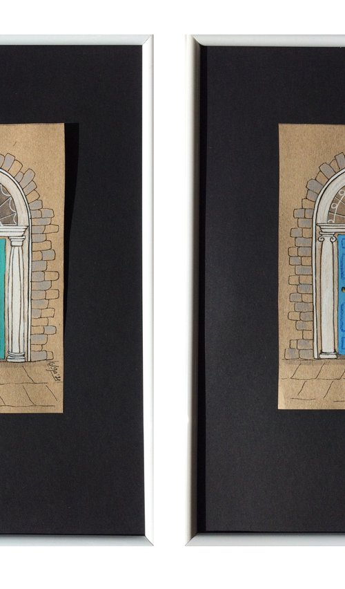 Azure and turquoise doors - Set of 2 architecture mixed media drawings by Olga Ivanova