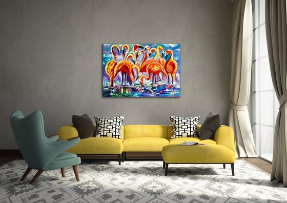 ORANGE FLAMINGOS. LARGE SIZE PAINTING. Original oil palette knife painting on linen canvas.