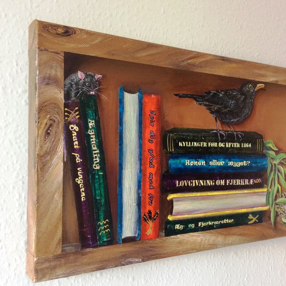 Bookcase with birds and mouse