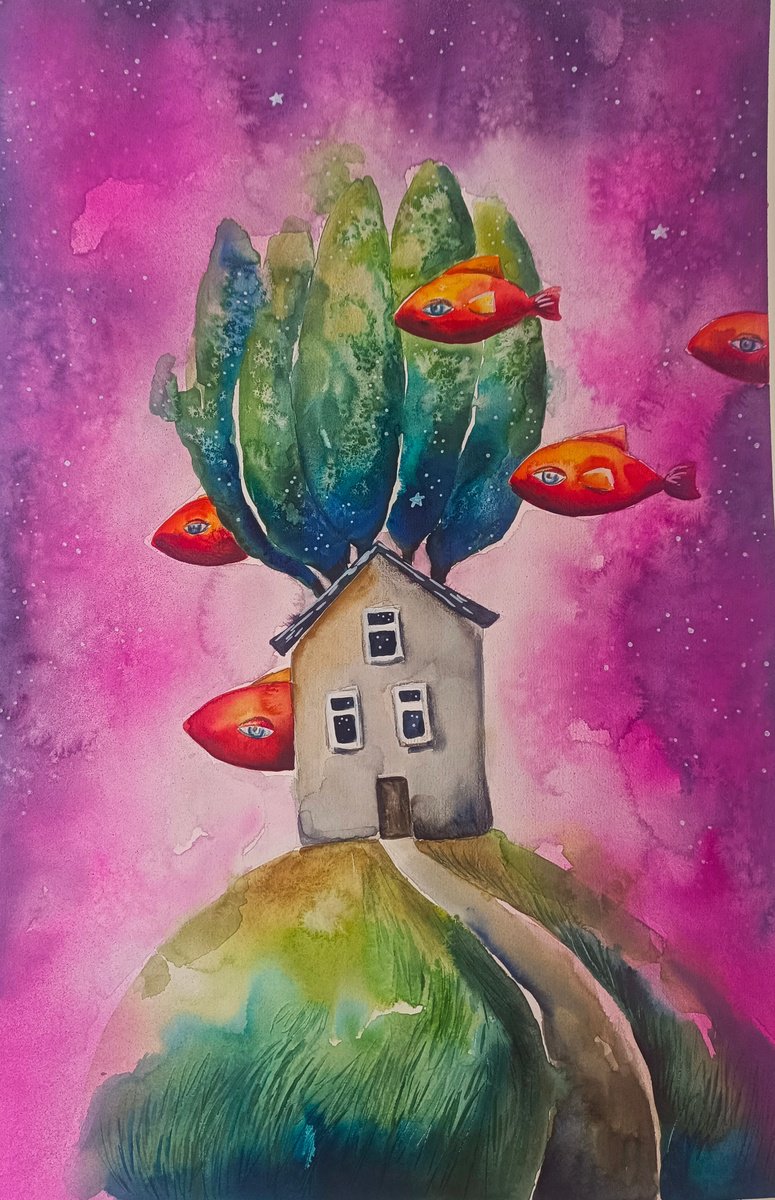 Surrealistic Landscape Watercolour By Evgenia Smirnova, 15 X 22, The Watchers Of The Quiet Hill, Original Artwork