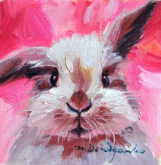 Rabbit painting original framed 4x4, Small painting hot pink cute rabbit artwork, Bunny pet painting