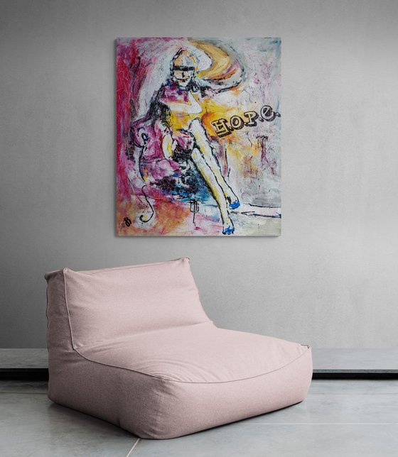 - Sitting Woman (H.O.P.E.) - Hold On, Pain Ends - Large XXL Painting. 96x116 cm.