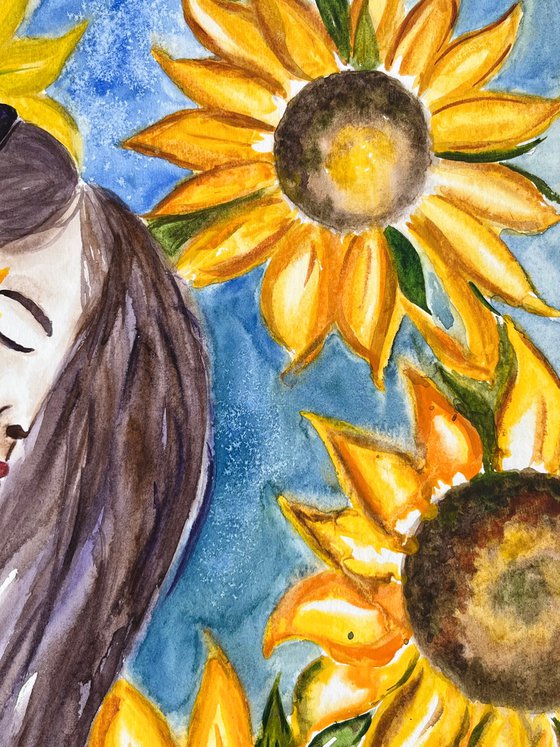 Woman Sunflowers Painting