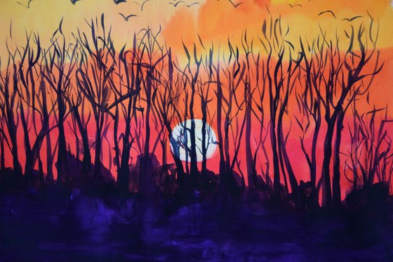 Big watercolor painting Autumn sunset