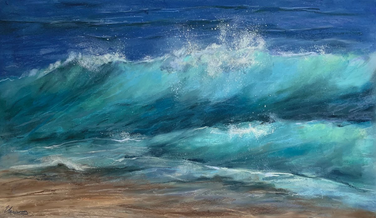 SEA WAVES -original soft pastel on paper, sea art, ocean, blue color, green color, beach by Tatsiana Ilyina