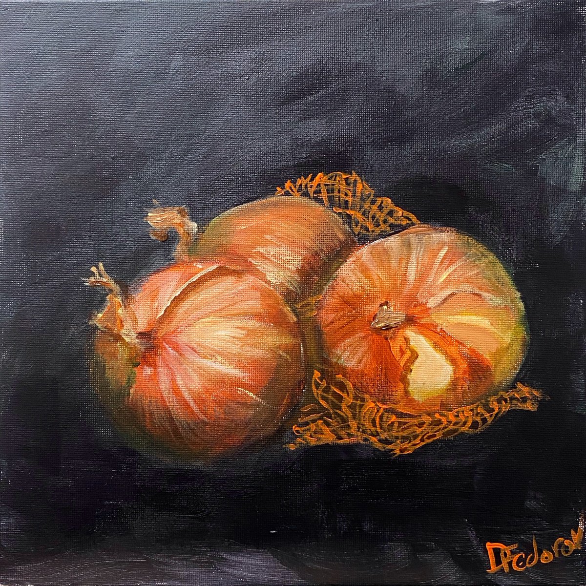 Impressionistic Still Life Acrylic Painting By Dmitry Fedorov, 10 X 10, Still Life With Onions, Original Artwork