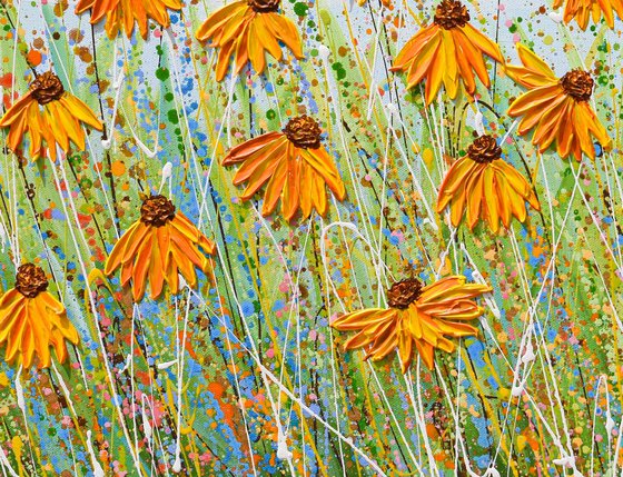 Yellow echinacea - Impasto Floral Painting on Canvas