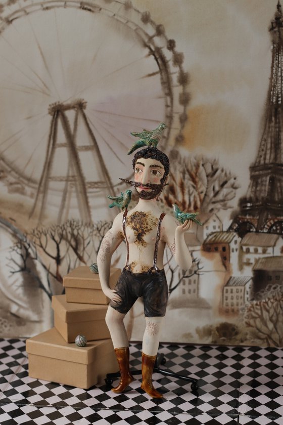 Charming Gentlemen with birds. Vintage Strongman. Wall sculpture