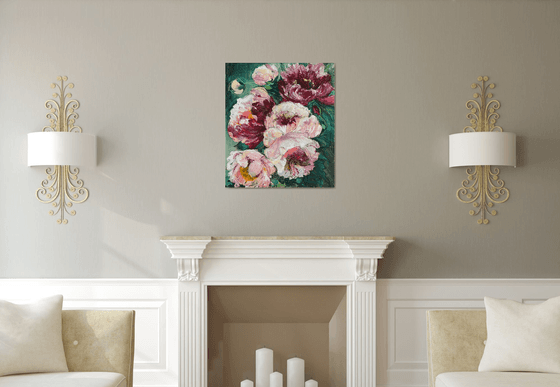 PEONIES ON EMERALD- original painting on canvas floral