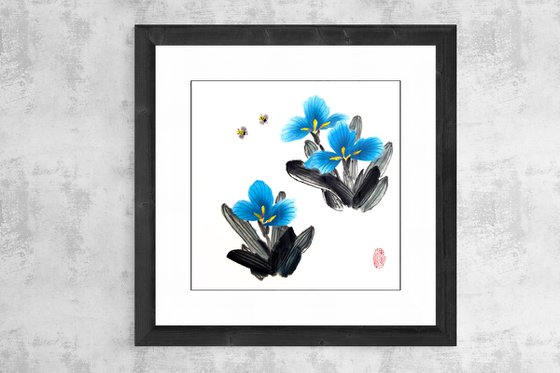 Blue sky irises and honey bees - Oriental Chinese Ink Painting