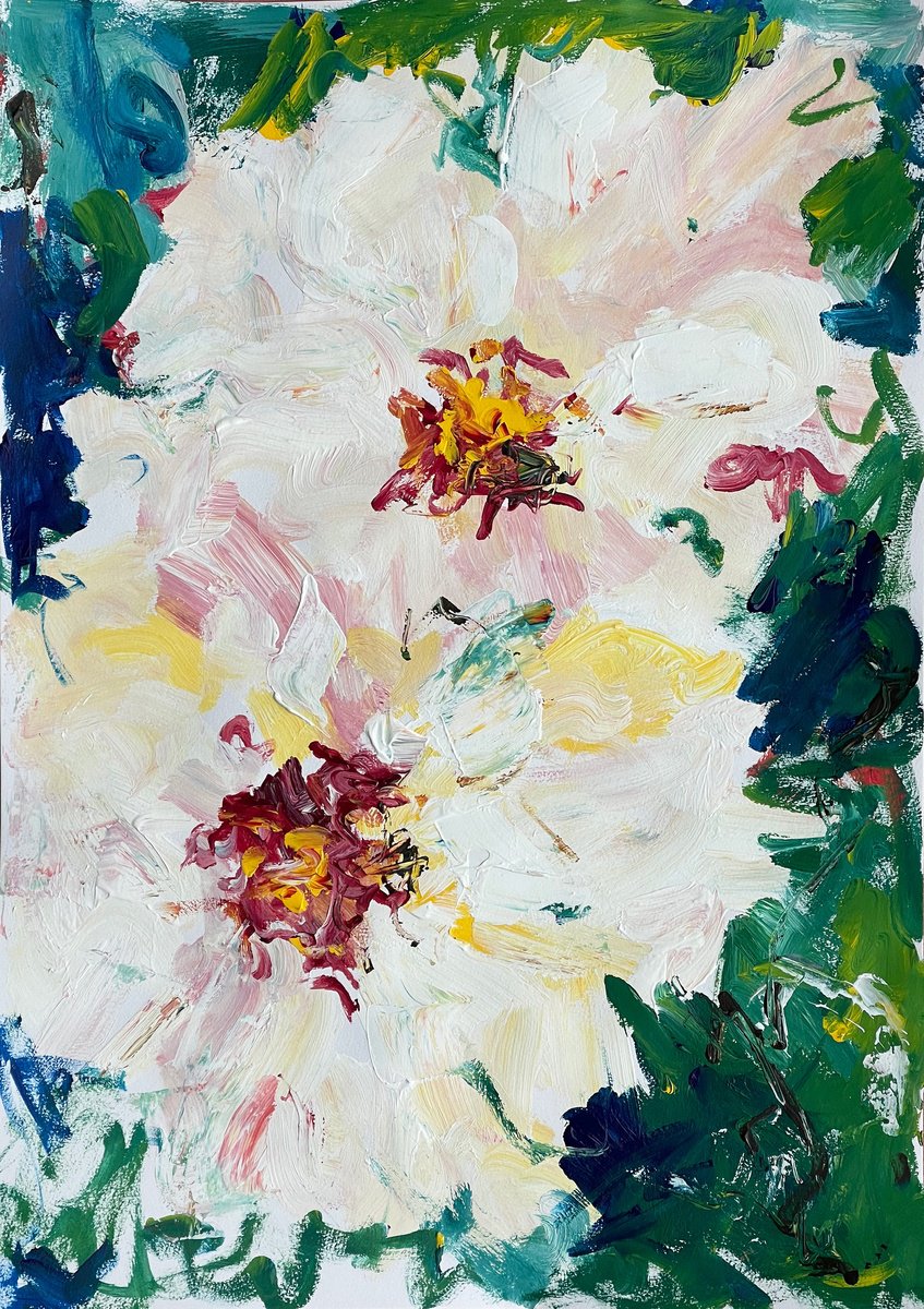 Expressive Botanical Acrylic Painting By Maiia Axton, 17 X 23", Spring Peonies, Original Artwork