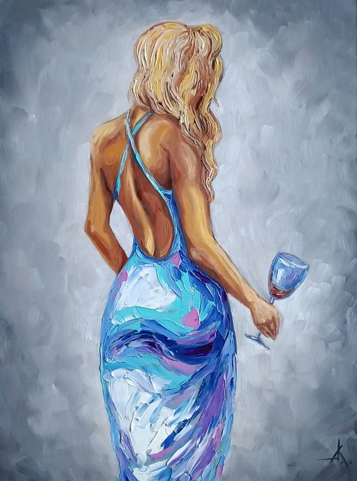 Grace of a woman - dress, woman oil painting, wine, female back, woman and wine, girl by Anastasia Kozorez