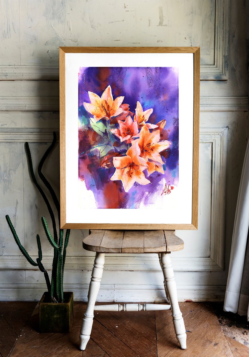 Impressionistic Botanical Watercolour By Ksenia Selianko, 12 X 16", "Dance Of The Lilies", Original Artwork