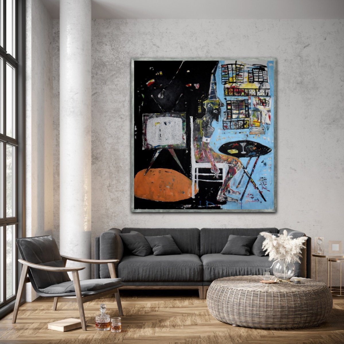 Abstract Portrait Acrylic Painting By Dimitris Pavlopoulos, 59 X 63, Neanderthal Magic, Original Artwork