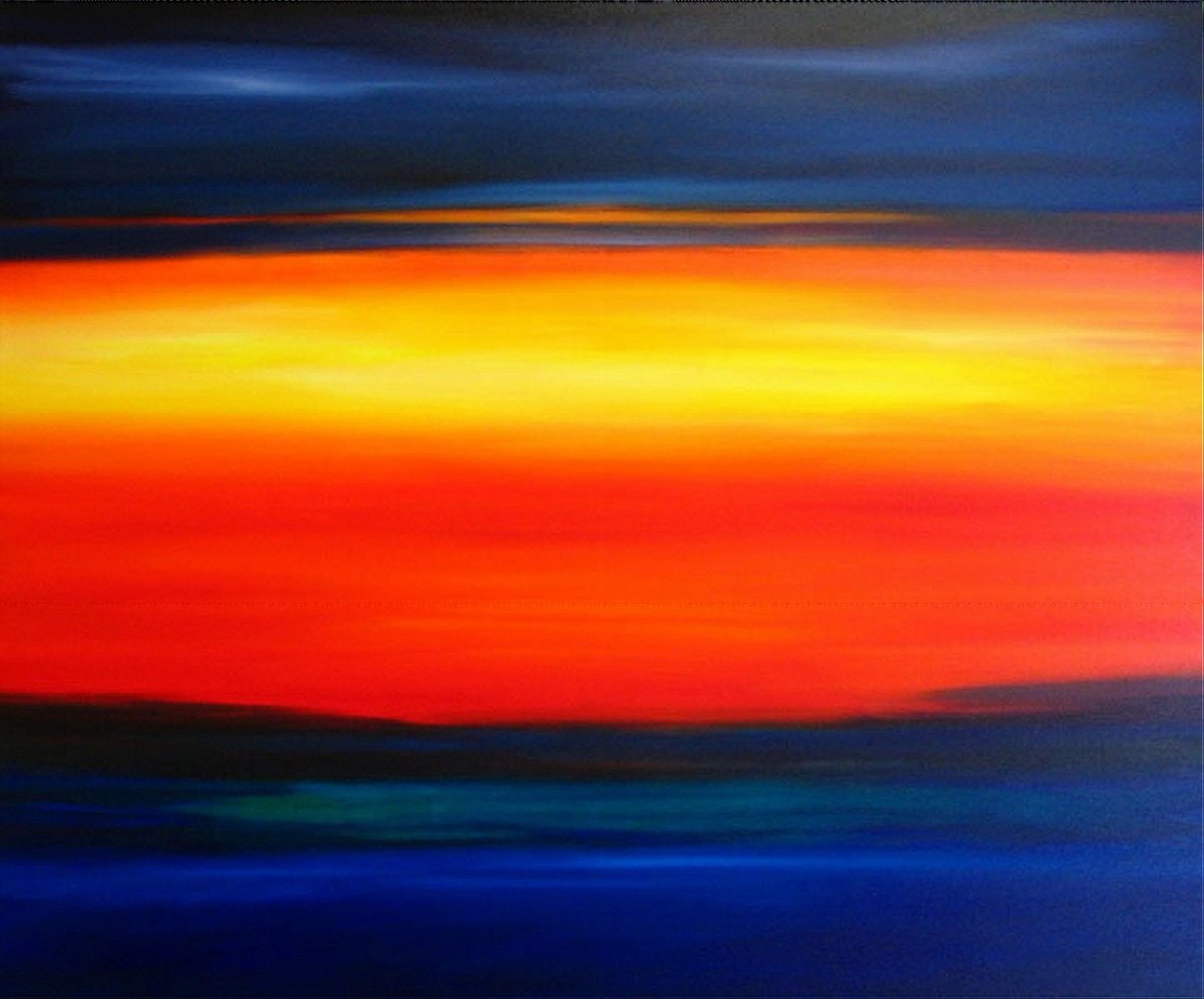 Impressionistic Abstract Oil Painting By Maureen Greenwood, 47 X 39", Sunset In Abstraction, Original Artwork